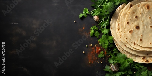 Fresh Indian chapati tortillas with fresh parsley on a graphite background. Top view, copy space : Generative AI photo