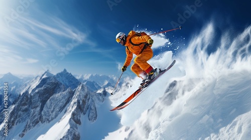 skier jumping in the snow mountains on the slope with his ski and professional equipment  photo
