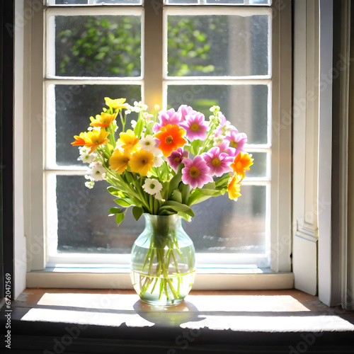 Beautiful flowers in a vase by the window, illuminated by the spring sunshine.(Generative AI)