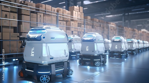 Future Technology 3D Concept: Automated Retail Warehouse AGV Robots with Infographics Delivering Cardboard Boxes in Distribution Logistics Center. Automated Guided Vehicles Goods, Prod : Generative AI