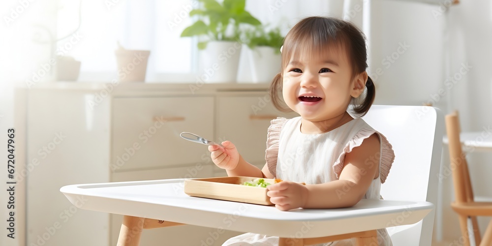 Asian cute little girl holding fork and trying to eat food sitting on the white high chair in the morning at home with copy space. : Generative AI Asian cute little girl holding fork and trying to eat food sitting on the white high chair in the morning at home with copy space. : Generative AI