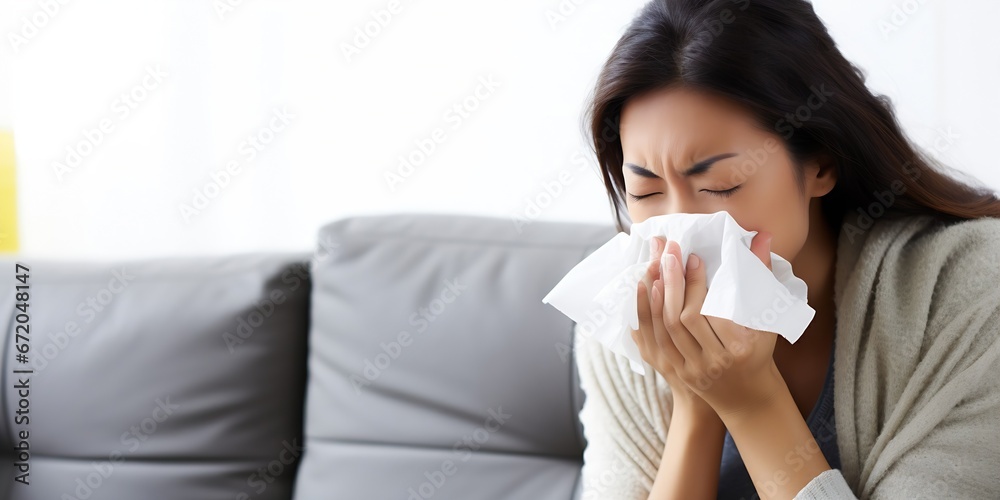 Sick young Asian woman sitting on couch blowing her nose on a tissue conceptual of healthcare, seasonal flu, allergic rhinitis or allergy reaction in hay fever. Closeup, copy space : Generative AI Sick young Asian woman sitting on couch blowing her nose on a tissue conceptual of healthcare, seasonal flu, allergic rhinitis or allergy reaction in hay fever. Closeup, copy space : Generative AI