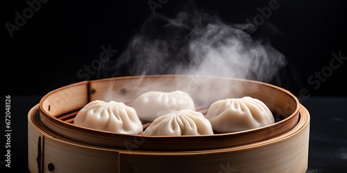 Pyanse steamed bun in a Bamboo steamer  korean street food. Gray background. Top view. Copy space.   Generative AI