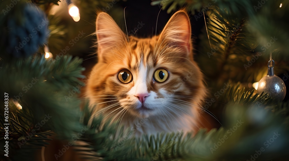 Festive feline delight: playful cat frolicking in a Christmas tree scene, holiday joy and pet companionship concept