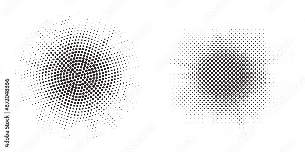 Halftone circle frame background set. Round border Icon using halftone random circle. Grunge circular stain. Vector illustration.	