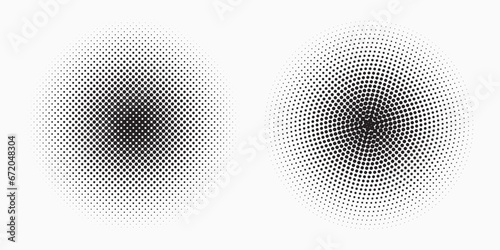 Halftone circle frame background set. Round border Icon using halftone random circle. Grunge circular stain. Vector illustration. © cnh
