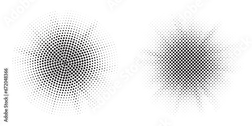 Halftone circle frame background set. Round border Icon using halftone random circle. Grunge circular stain. Vector illustration.	