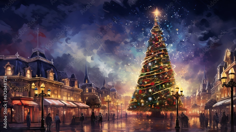 Illustration of a majestic Christmas tree in a town square, glowing with lights and ornaments - obrazy, fototapety, plakaty 