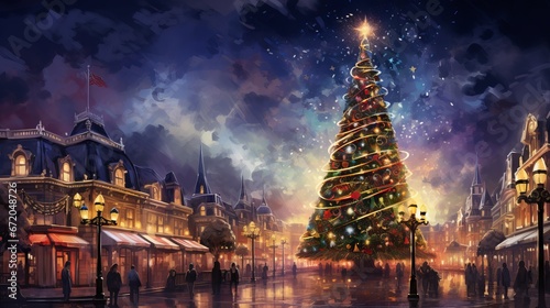 Illustration of a majestic Christmas tree in a town square, glowing with lights and ornaments photo