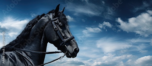 A stunning black stallion s portrait featuring his bridle against a vibrant blue sky © 2rogan