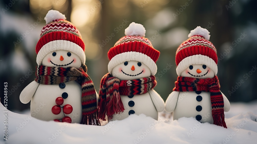 A cheerful family of snowmen in winter outfits on a snowy day