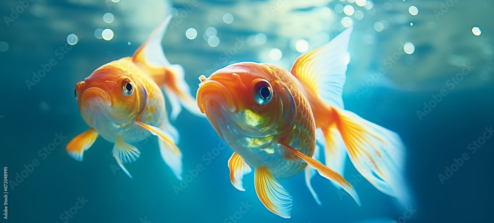 Fototapeta premium two goldfish in blue water