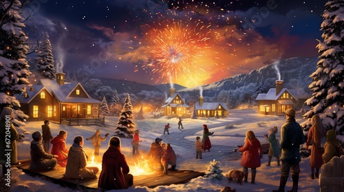 Cozy Christmas in the countryside  bonfire  fireworks  and family fun  illustration in warm hues