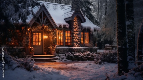 Winter cabin in snowy forest with wreath and smoke