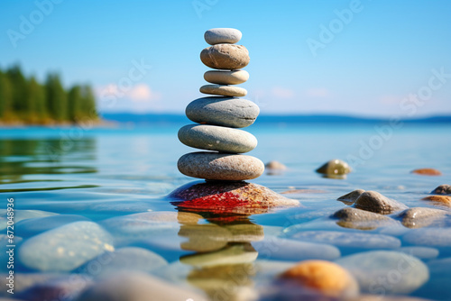 Simple poise stones, simplicity harmony and balance, rock zen sculptures concept. Pebble tower balance harmony pyramid stones arrangement in sea water coastline on calmful sea shore