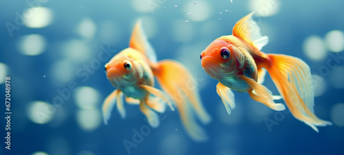 two goldfish in blue water