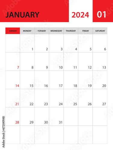 January 2024 template, Calendar 2024 template vector, planner monthly design, desk calendar 2024, wall calendar design, minimal style, advertisement, poster, red printing media, simple vector