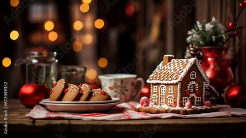 A festive gingerbread house decorated with candy and icing on a wooden table
