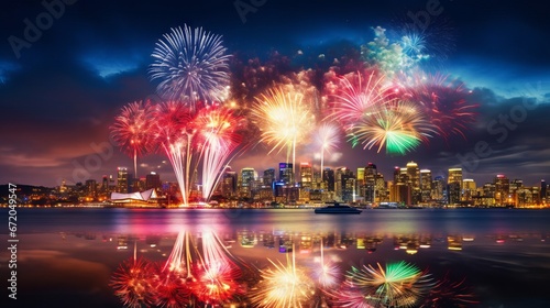 Christmas fireworks over city skyline and river, vibrant colors and celebration atmosphere