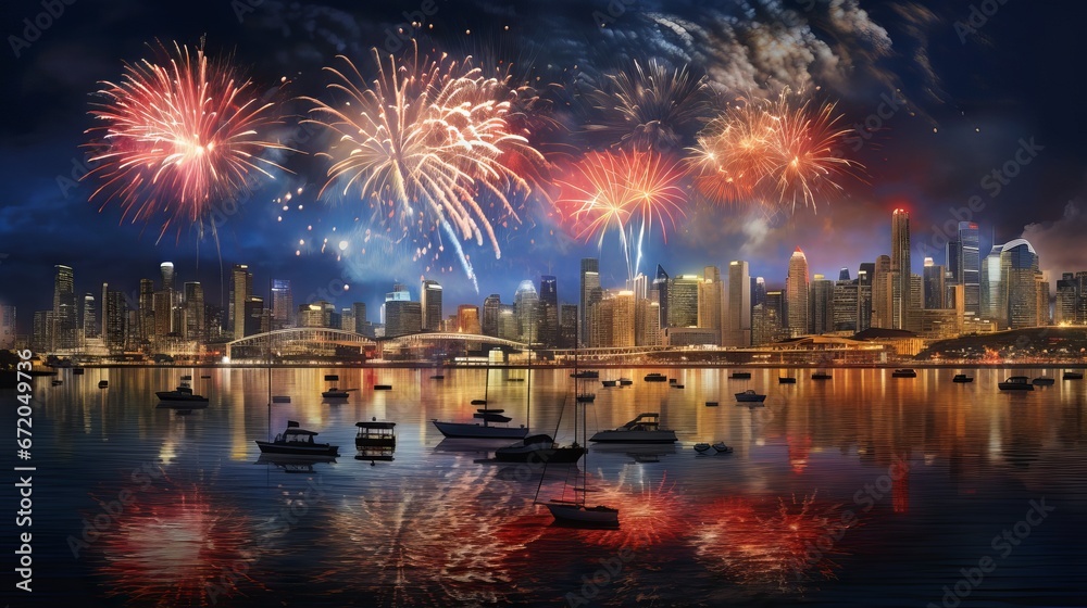 Christmas fireworks over city skyline and river, vibrant colors and celebration atmosphere