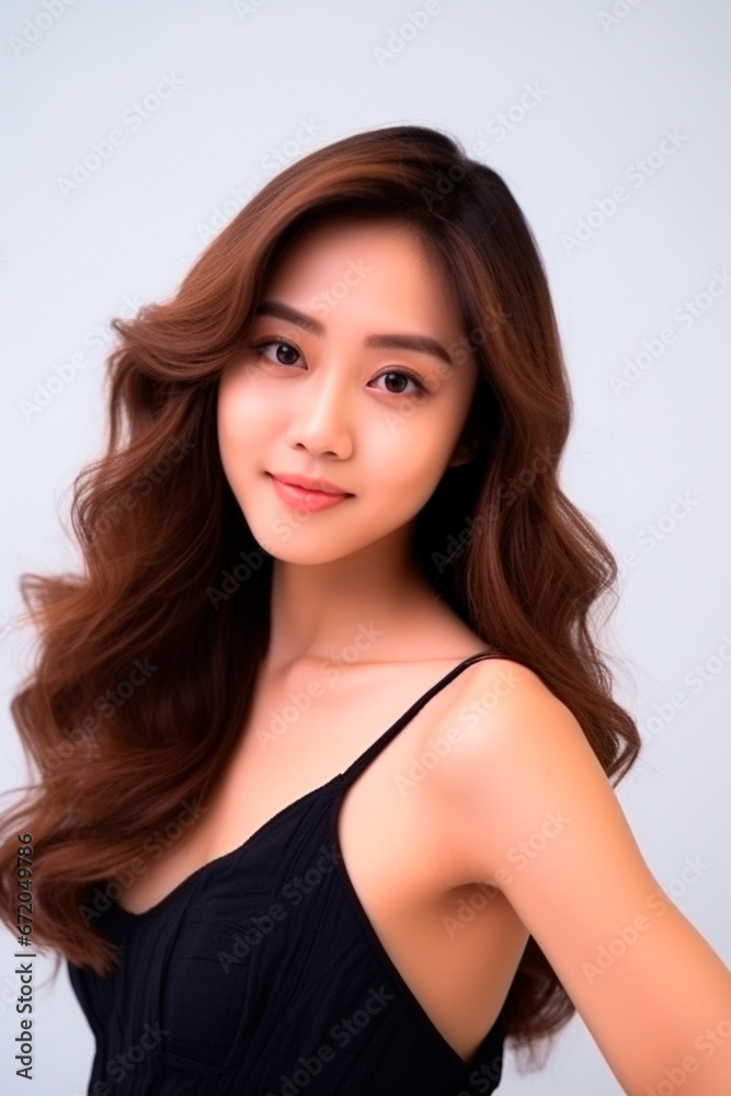 Young glamor model of Asian appearance on a white background.