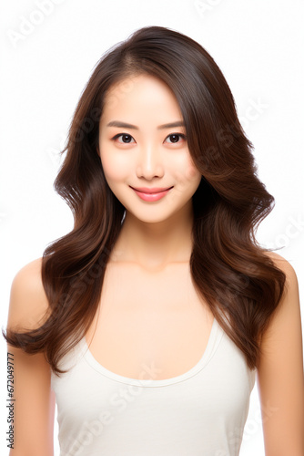 Young glamor model of Asian appearance on a white background.
