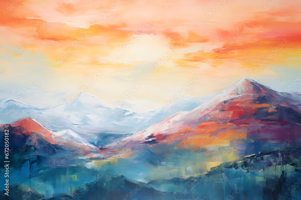 colourful impressionist painting of the mountain landscape, a picturesque highland environment in bright vivid colours
