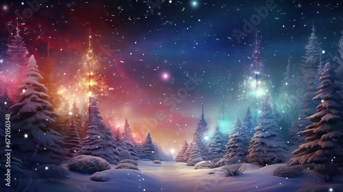 Christmas night in a magical winter forest with colorful fireworks and snowflakes, 3d rendering © Ameer