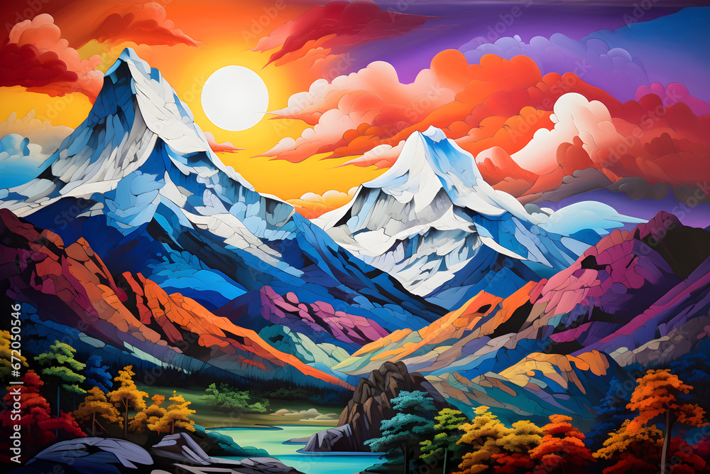 colourful cartoon style painting of the mountain landscape, a picturesque highland environment in bright bold colours