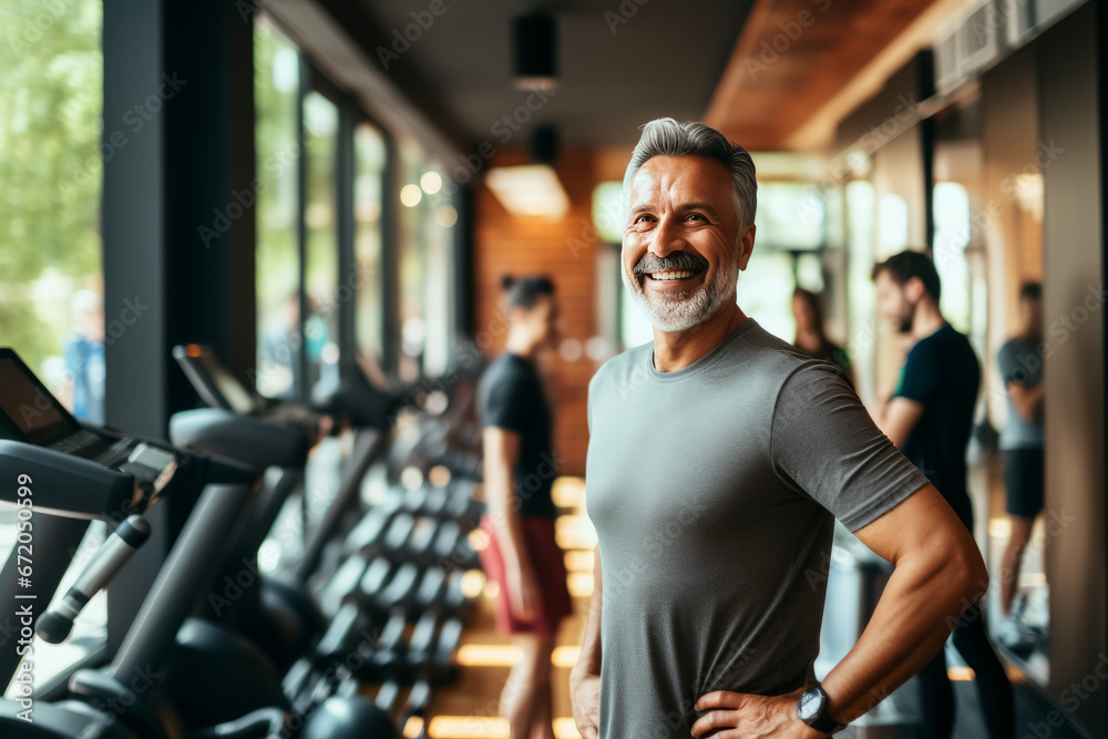 Muscular mature older athlete looking at the camera in a gym near treadmill. healthy lifestyle