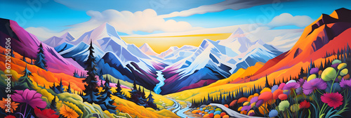 colourful cartoon style painting of the mountain landscape  a picturesque highland environment in bright bold colours