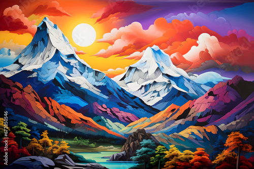 colourful cartoon style painting of the mountain landscape, a picturesque highland environment in bright bold colours © sam