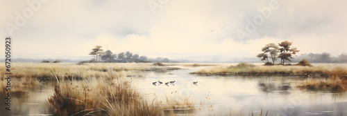Tela watercolour painting of the marsh landscape, a picturesque wetland environment i