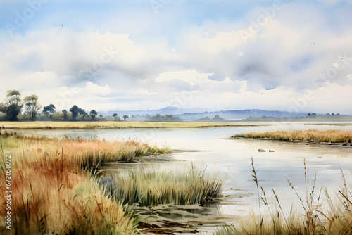 watercolour painting of the marsh landscape, a picturesque wetland environment in soft natural harmonious colours photo