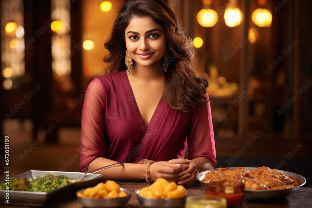 young indian woman sitting at restaurant young indian woman sitting at restaurant