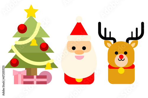 Festive Cartoon Characters: Vector Set with Santa, Reindeer, and Christmas Tree