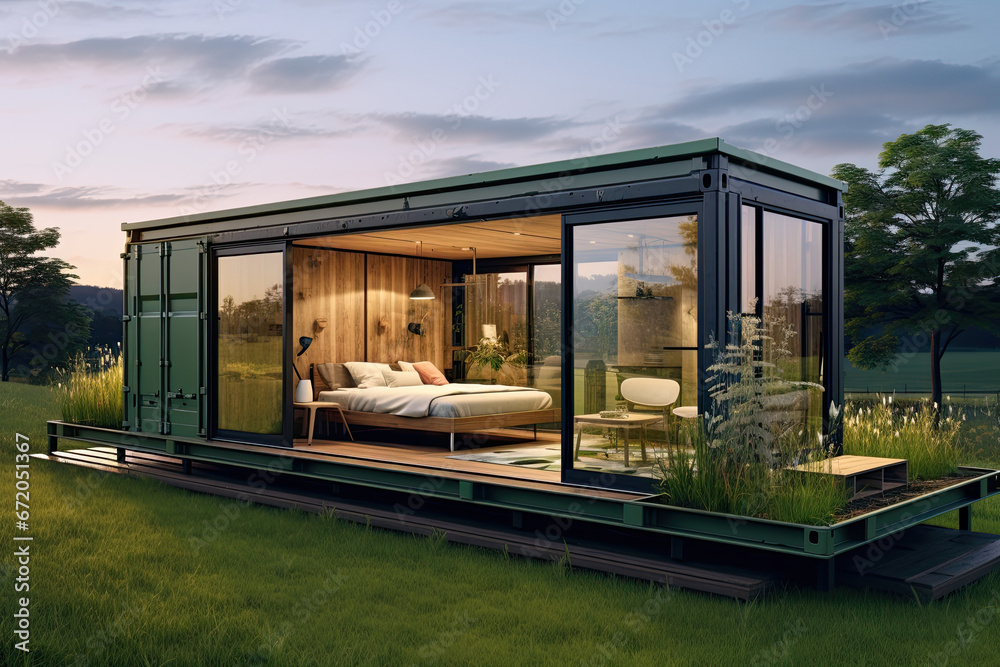  The outer appearance of a tiny container house, with grass lawn - obrazy, fototapety, plakaty 