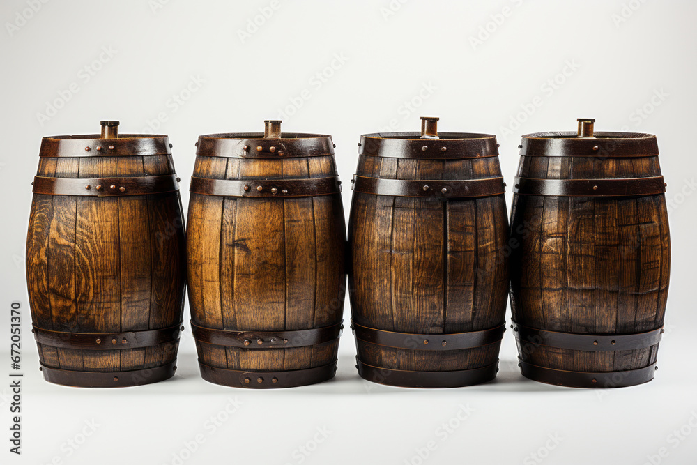 Fototapeta premium Wooden beer barrels set on a white background