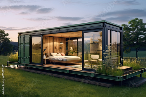  The outer appearance of a tiny container house, with grass lawn photo