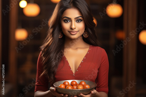 Young Indian woman holding a bowl of Gulab Jamun