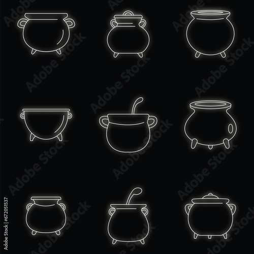Cauldron pot kettle halloween icons set. Outline illustration of 9 cauldron pot kettle halloween vector icons neon color on black