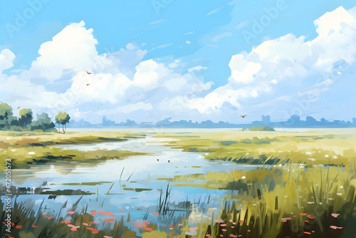 simple colourful painting of the marsh landscape, a cute picturesque wetland environment in bright colours © sam