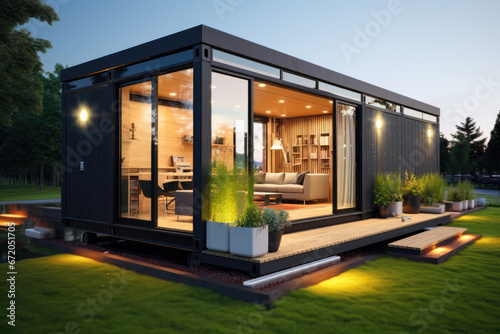  The outer appearance of a tiny container house, with grass lawn © Kien
