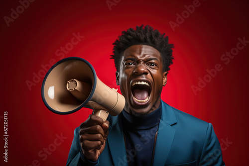 Emotional young black guy making announcement with megaphone in hands, using loudspeaker for sharing news while standing over red background, idea for marketing or sales.