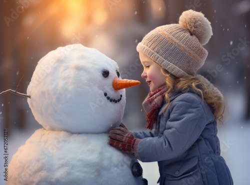 Little girl kisses and hugs a christmas snowman of winter. Happy child girl plaing with a snowman on a snowy winter walk. photo