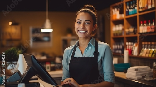 Smiling female cashier accepting payments.,generative ai photo