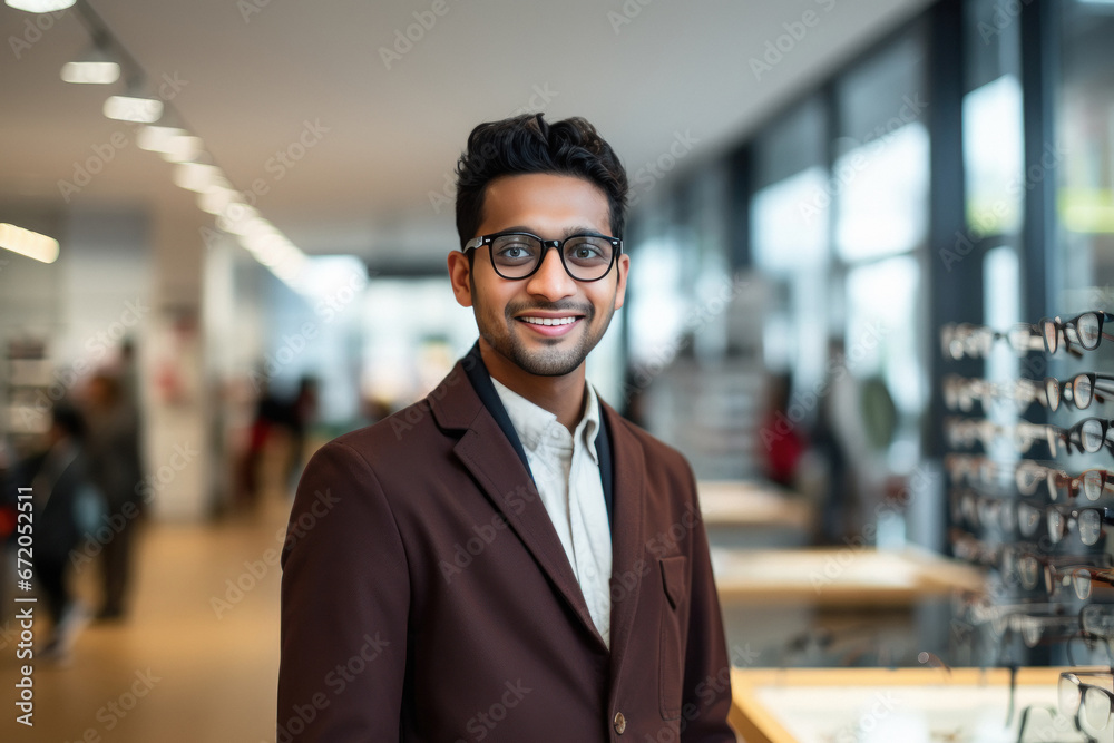 young indian man at eyeglasses shop young indian man at eyeglasses shop