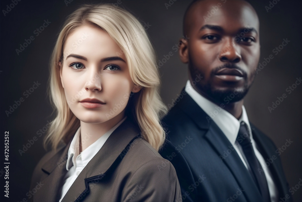 Portrait of a man and woman in business suits of different nationalities, close-up on dark background.