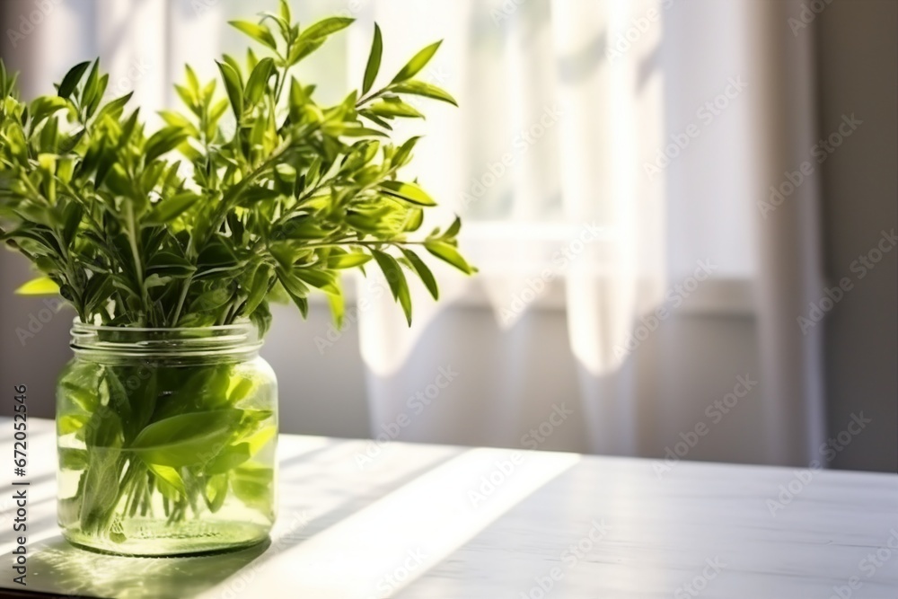 Morning spring still life, plants ruscus branches in a jar of water. generative ai. Morning spring still life, plants ruscus branches in a jar of water. generative ai.
