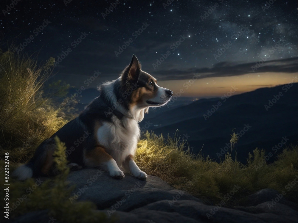 dog in the mountains at night